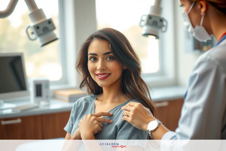 Can You Damage Your Nose After Rhinoplasty? The image shows a medical office setting with two individuals. In the foreground, there is a woman seated in a dentist's chair, smiling and looking at the camera. She appears to be wearing casual attire. Behind her stands another individual, likely a surgeon professional wearing a mask, who seems to be examining or treating the patient.