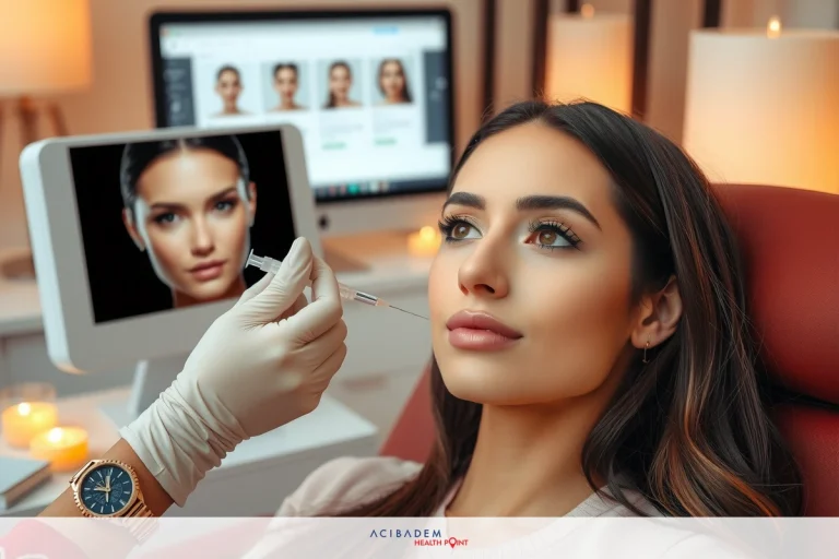 How Much is Non Surgical Rhinoplasty? The image shows a woman receiving an injection, likely cosmetic or medical, with a focus on her face and the needle. She is seated in front of a computer monitor displaying a close-up of another person's face. The environment appears to be clinica.