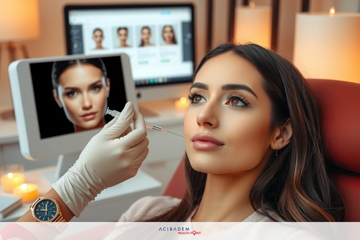 The image shows a woman receiving an injection, likely cosmetic or medical, with a focus on her face and the needle. She is seated in front of a computer monitor displaying a close-up of another person's face. The environment appears to be clinica.
