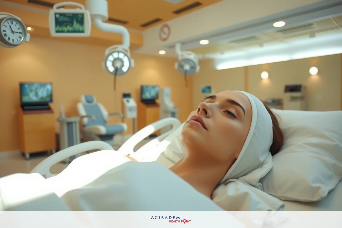 The image shows a mannequin with makeup, appearing to be in a hospital bed setting. The background features medical equipment and lighting indicative of a healthcare environment.