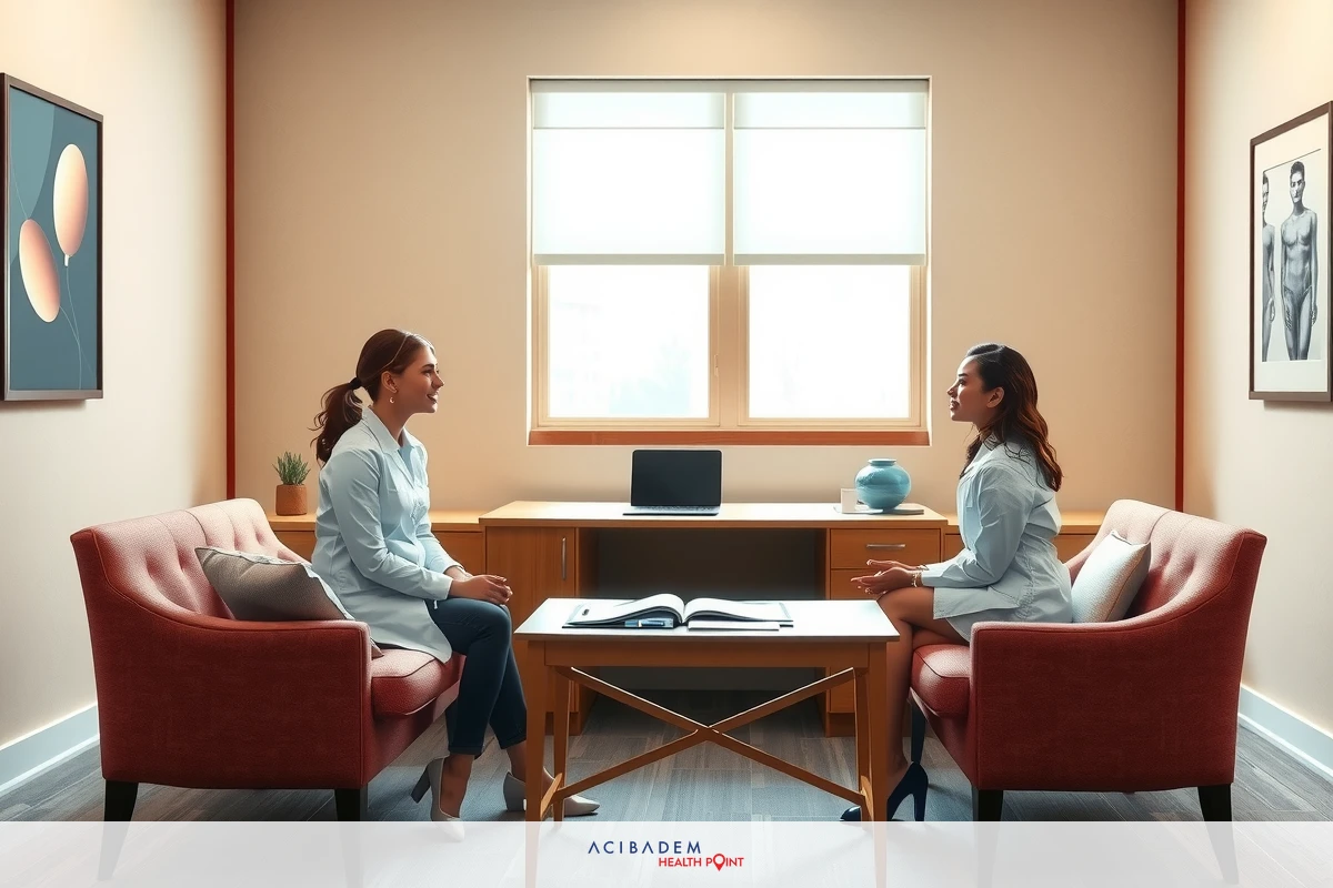 The image depicts an indoor scene where two women are engaged in a conversation, seated on opposite sides of a small coffee table. Both women appear to be dressed professionally and seem focused on their discussion. The room has a modern and well-lit atmosphere with natural light coming through the window. On the walls hang framed pictures that add to the contemporary feel of the space.
