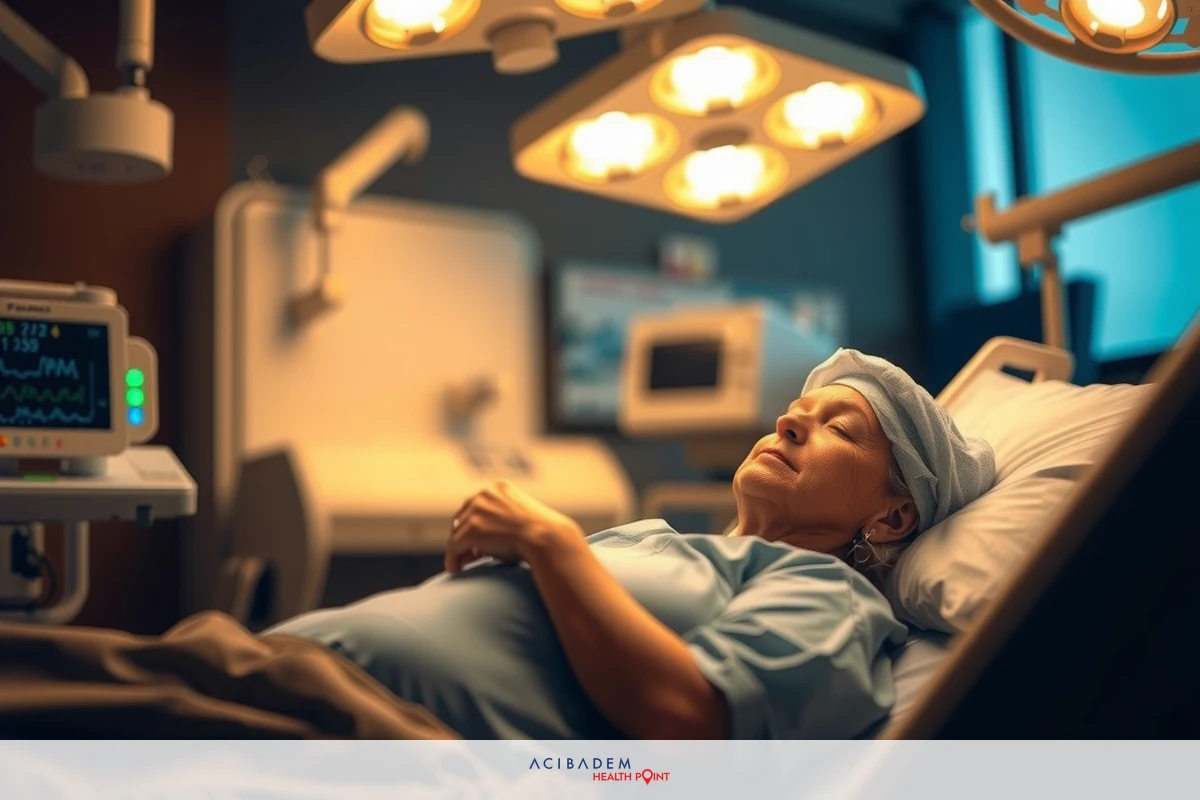 The image shows a hospital room with medical equipment and an elderly patient lying in bed, hooked up to monitors.