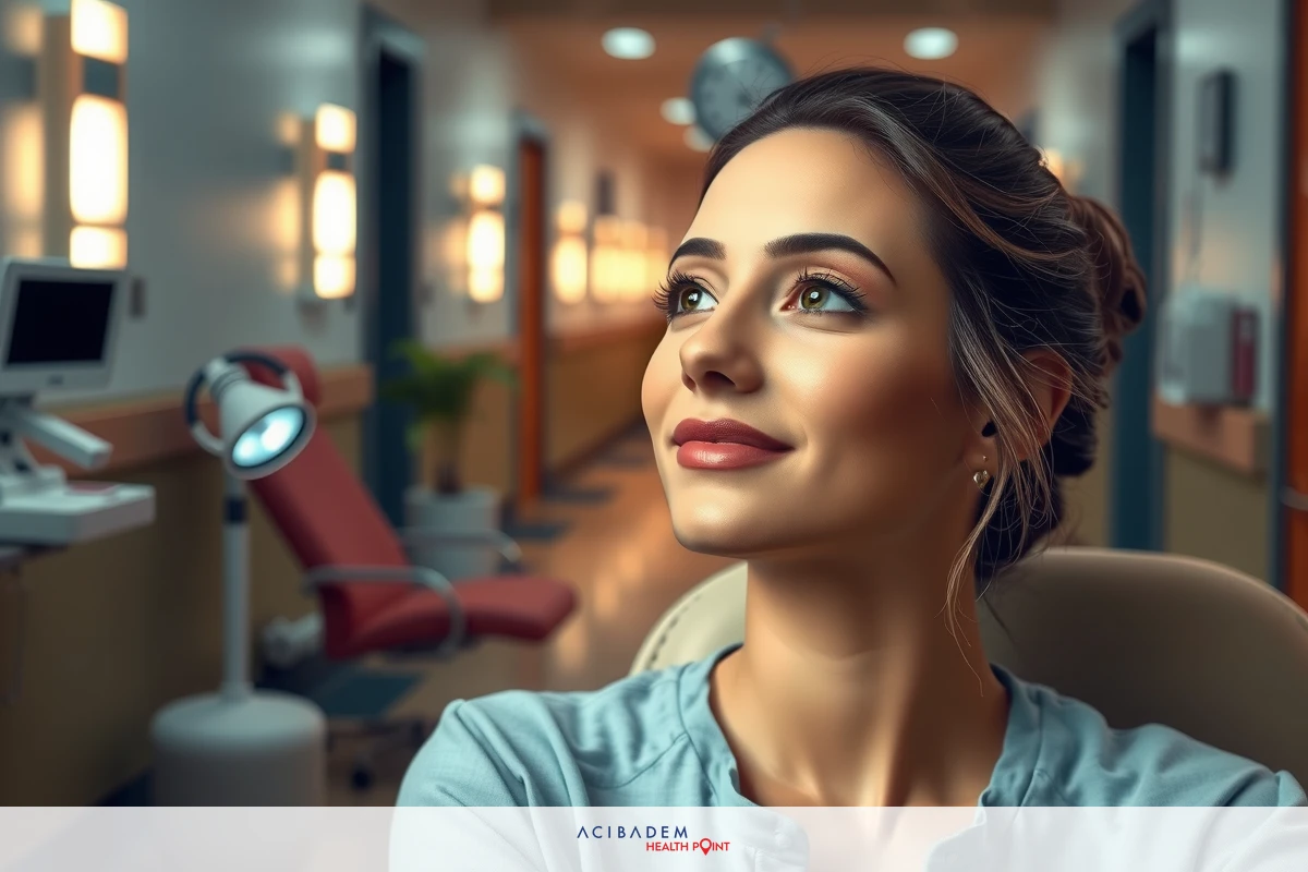 Woman sitting at surgeon office reception desk, smiling and looking to her right. Office setting with blurred background of modern dental equipment.