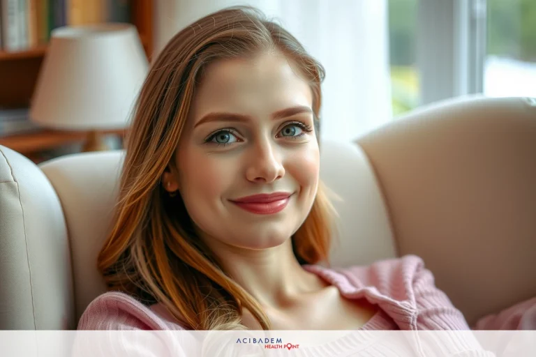 The image features a young woman sitting on a sofa in what appears to be an indoor setting. She has medium-length brown hair and is wearing a pink top. Her gaze is directed towards the camera, and she presents a gentle smile.