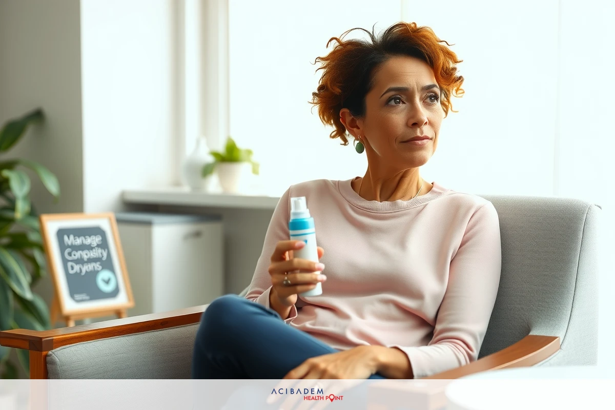 A woman seated in an office chair, holding a plastic bottle and looking towards the camera with a thoughtful expression. She is wearing a pink top, and there are elements such as indoor plants and furniture indicating an indoor setting, possibly an office or living space.