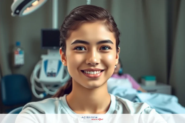 Can You Get Rhinoplasty at 15? The image features a young woman in a dental examination room, smiling towards the camera. She is wearing a white scrubs and appears to be a dentist or dental assistant preparing for an appointment with patients.
