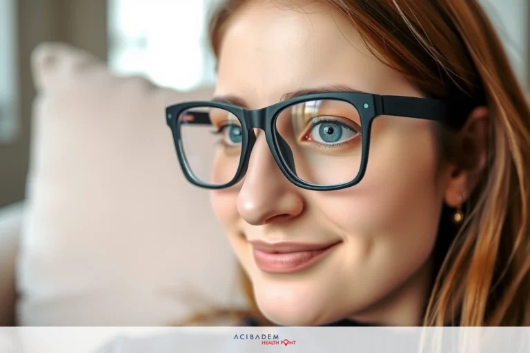 Can Wear Glasses After Rhinoplasty? A young woman is sitting on a couch, wearing dark-rimmed glasses and smiling at the camera. She has light hair and her attire includes a top with high neckline and a shirt or sweater underneath. The background is neutral in color.