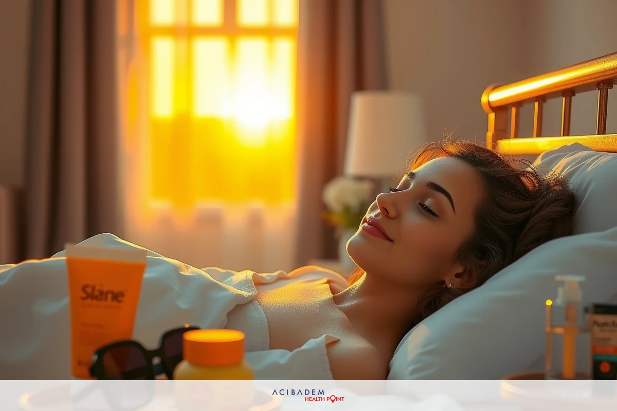 Image shows a woman lying in bed, smiling with her eyes closed, enjoying the peaceful moment. The scene is set at sunset with warm, golden light streaming through a window, illuminating the room. There are personal care items visible around her, suggesting she's winding down from a day or preparing for sleep.
