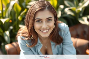 The image shows a woman smiling at the camera. She has long, dark hair and is wearing a light blue blouse with a ruffle sleeve. The background appears to be an outdoor setting with greenery visible behind her.