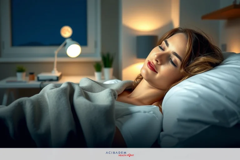 The image shows a woman lying in bed with her eyes closed, suggesting she is either sleeping or resting. She has light skin and dark hair. Her facial expression is calm and serene. The room appears modern and cozy, with a comfortable-looking bed and minimal decor. The color scheme includes neutral tones which contribute to a sense of tranquility.