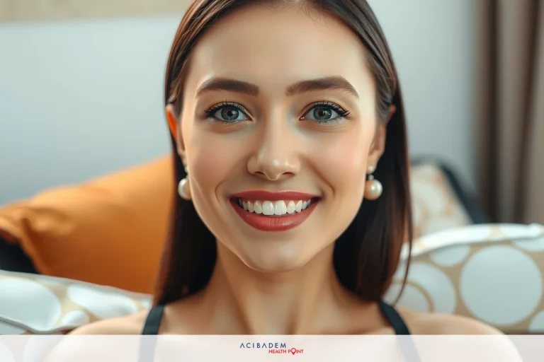 The image shows a woman smiling at the camera. She is seated comfortably, possibly on a couch, and appears to be in an indoor setting. Her expression conveys positivity and friendliness. The colors in the image are soft and warm, contributing to the overall pleasant ambiance of the scene.
