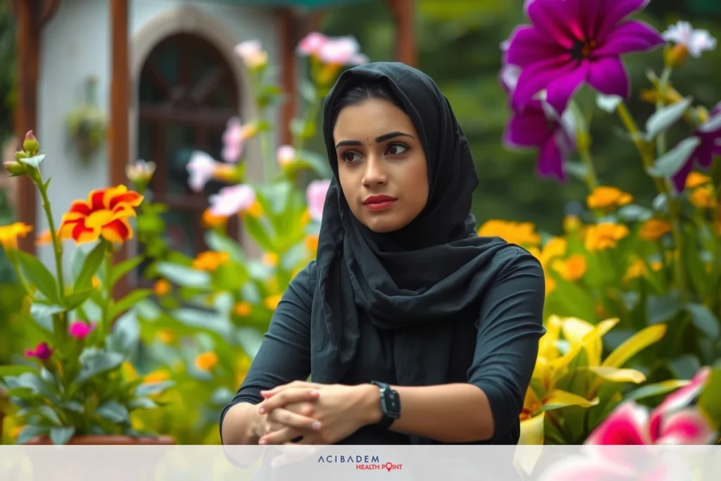 Is Rhinoplasty Haram? This image depicts a woman in a black headscarf, sitting outside. She has her hands clasped together and is wearing a long-sleeved dark top. The environment suggests a garden setting with colorful flowers visible in the background.