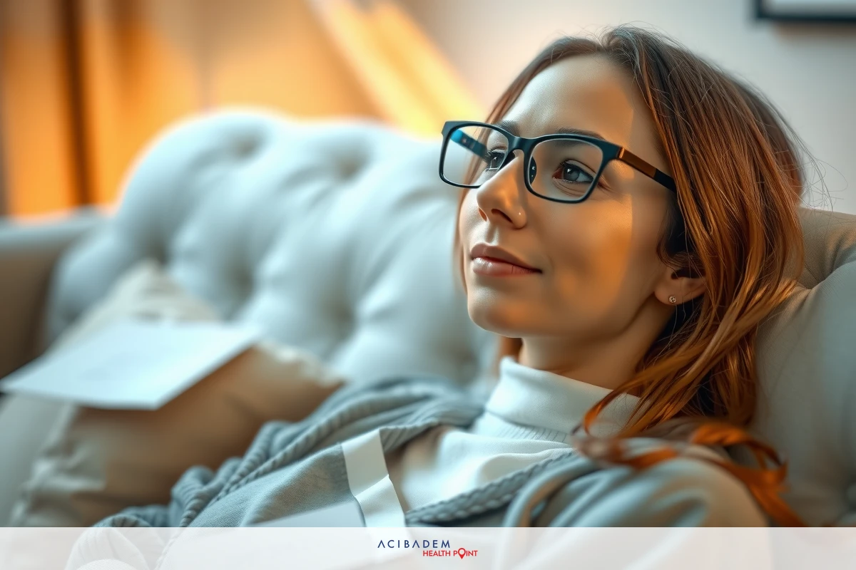 The image features a woman lying down on a couch with her head resting on her pillow. She is wearing glasses and appears to be relaxed or possibly in deep thought. Her hair is styled and she has a neutral expression on her face.