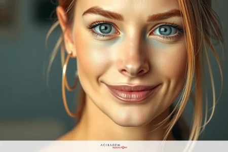 Did People Notice Your Rhinoplasty? The image features a woman with a bright smile. Her complexion is fair and her eyes are blue. She has light-colored hair and appears to be wearing makeup. The background is blurred, suggesting an indoor setting with natural lighting.