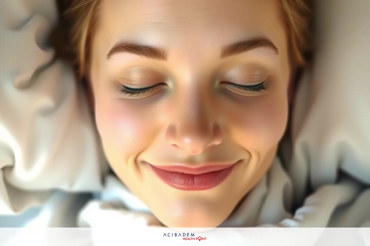 The image features a smiling woman lying down with her eyes closed, appearing relaxed and at ease. She has blonde hair and is wearing makeup that highlights her eyes and lips. Her facial expression suggests contentment or happiness.