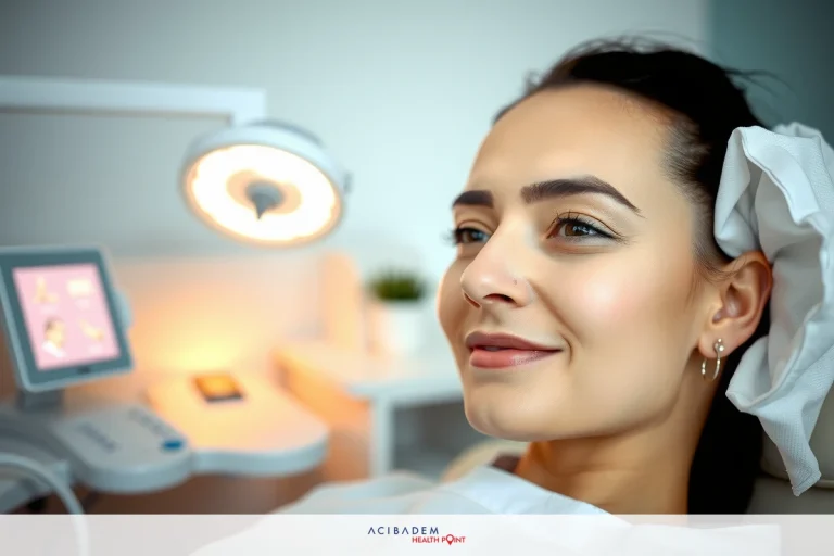 A woman in a medical chair, smiling while the professional prepares her for treatment. The environment suggests an office setting with medical equipment.