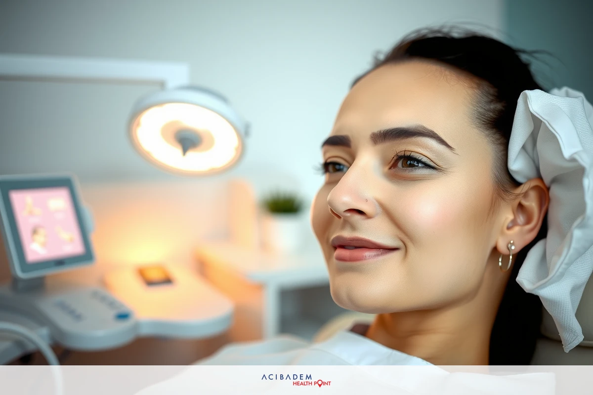 A woman in a medical chair, smiling while the professional prepares her for treatment. The environment suggests an office setting with medical equipment.