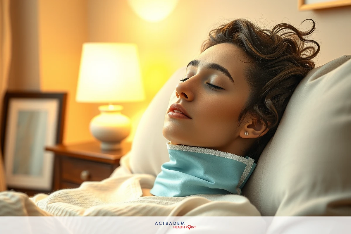 A woman lying on a bed with her eyes closed, possibly asleep or resting. She is wearing a green neck brace and has her legs tucked under the blanket. The room appears to be a bedroom with soft lighting.