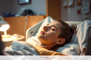 A woman is lying in a hospital bed, smiling at the camera. She has short hair and appears to be relaxed or content.