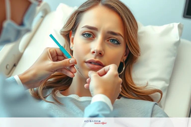 The image shows a rhinoplasty examination setting. A female patient is lying on a medical chair, wearing scrubs.