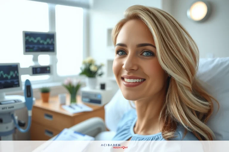 How Much Does Rhinoplasty Cost in New York? A smiling woman in a hospital bed, connected to medical monitors. She has light-colored hair and is wearing casual clothing with a relaxed demeanor.