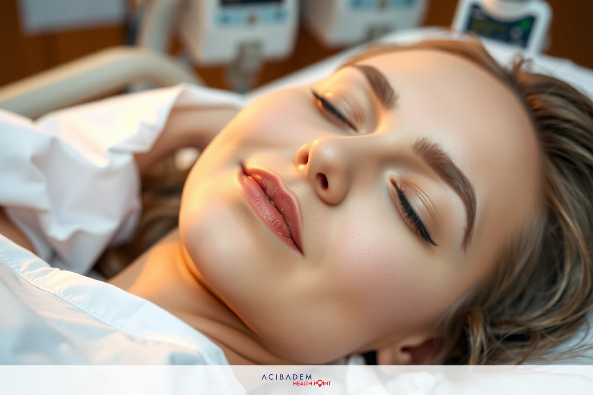 The image shows a woman lying in a hospital bed, looking peaceful. She has pink lips and her hair is blonde. Her eyes are closed. The room appears to be in soft focus with warm lighting, suggesting it might be evening or night.