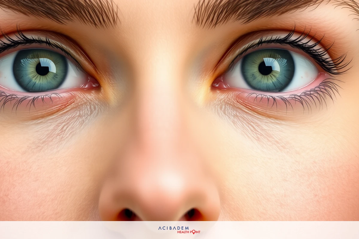 A close-up image of a woman's face with blue eyes, looking directly at the camera. The background is blurred out but appears to be neutral in color.