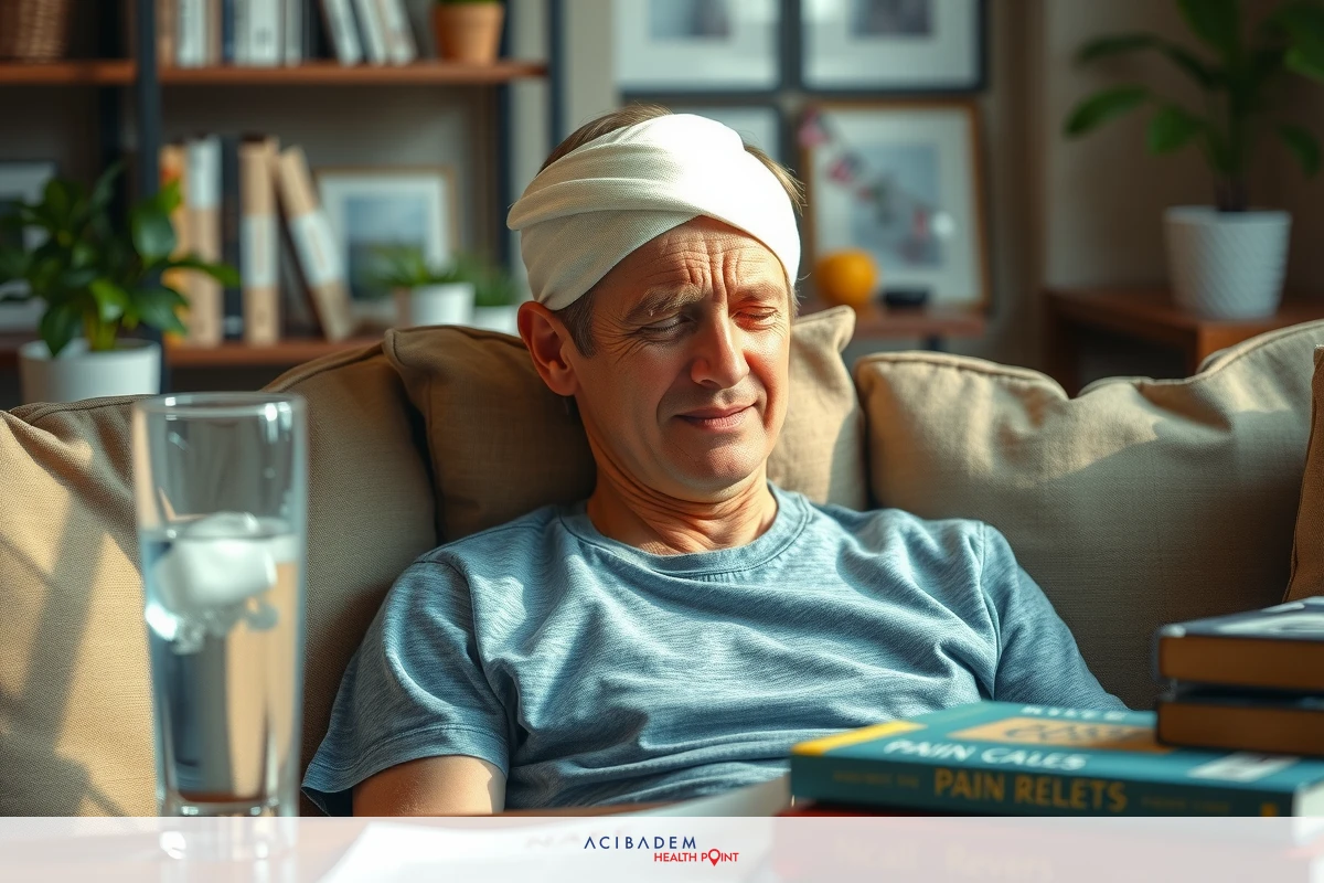 A man is resting on a couch with a bandage on his head. He has a thoughtful expression and appears to be in a cozy, well-lit room with books visible in the background.