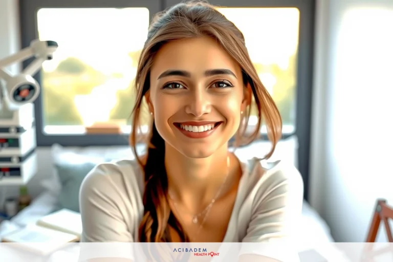 How Long to Wait for Revision Rhinoplasty The image shows a young woman in her mid-twenties with a joyful expression. She has long brown hair and is wearing casual clothing, possibly a white top or blouse. The setting appears to be an indoor space, likely a room with natural light coming in from the windows on one side of the frame.