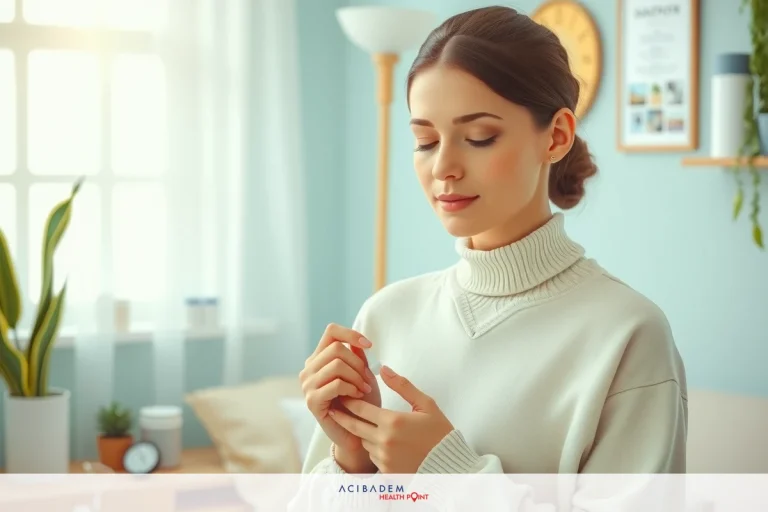 A woman in a home setting, with a cozy and serene atmosphere. She is dressed casually, wearing a white sweater over a pink top and has her hands gently touching her face as she gazes to the side, possibly lost in thought or daydreaming.