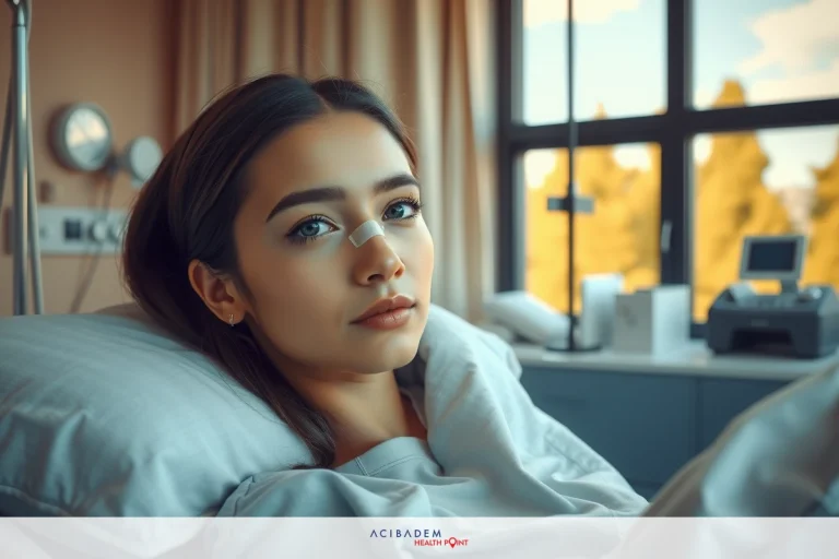 A young woman is lying in a hospital bed, wearing a medical dressing over one eye. She has a concerned expression on her face. The hospital room is equipped with medical devices and has natural light coming through the window.