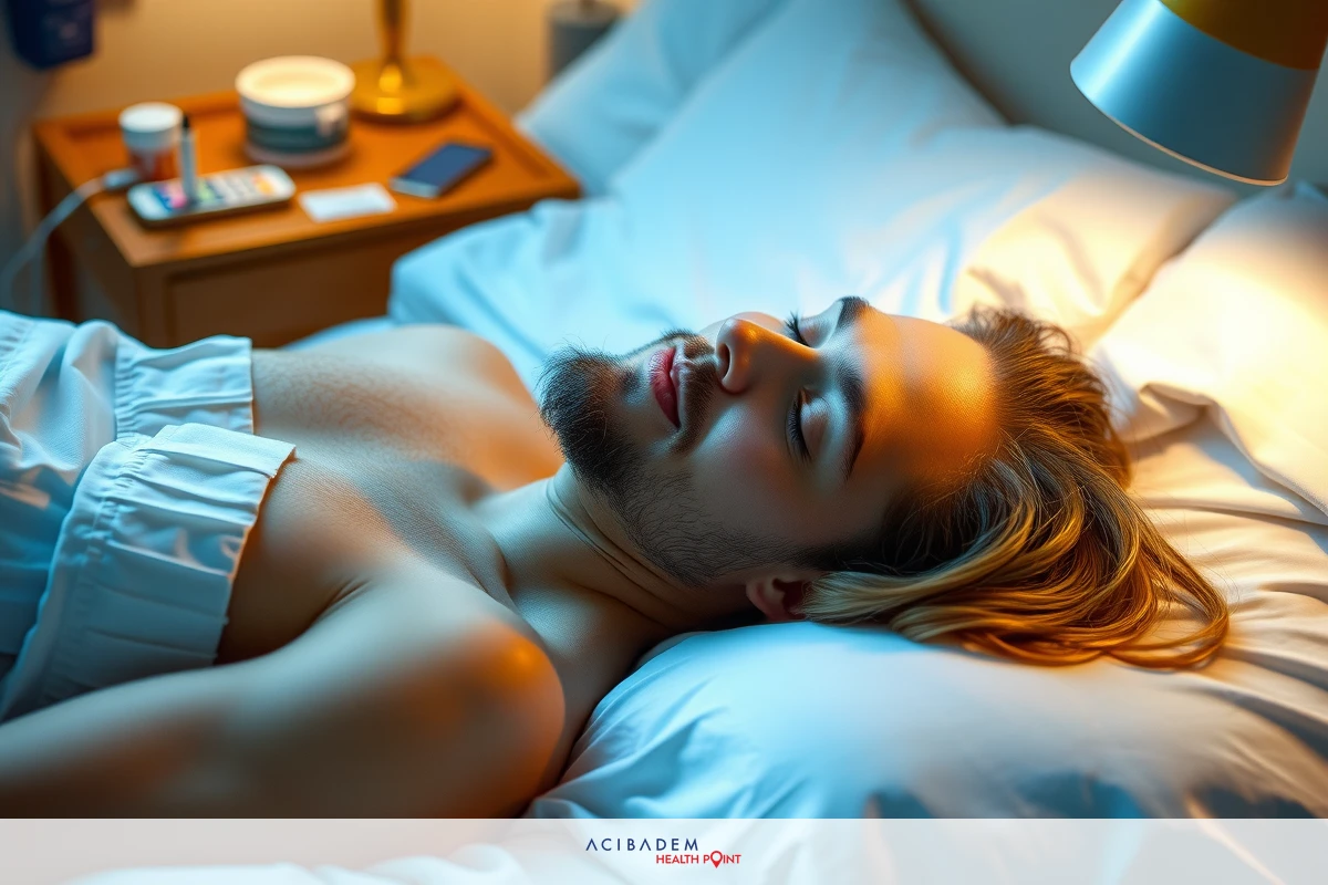 The image depicts a man lying in bed, smiling and looking towards the viewer. The setting appears to be an indoor environment with subdued lighting, giving it a serene atmosphere.