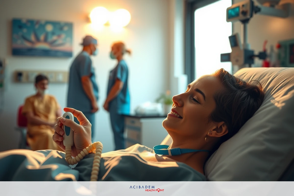 Woman lying in hospital bed, smiling at camera. Medical staff standing nearby, observing her condition. Clinical environment with medical equipment and personnel.