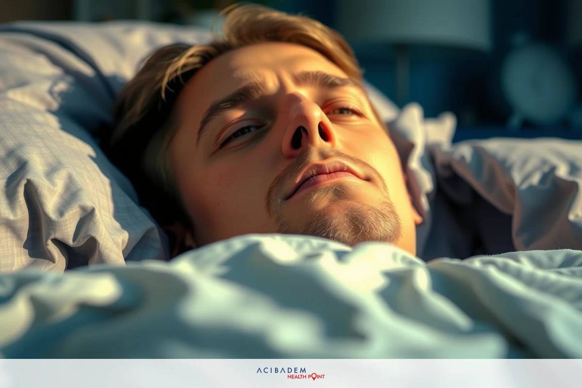 Man in bed looking up, with blurry surroundings suggesting a calm and serene environment.