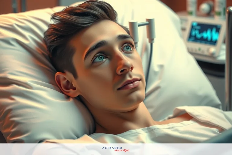 The image shows a young man lying in a hospital bed. He appears to be unconscious or asleep, head slightly tilted upwards.