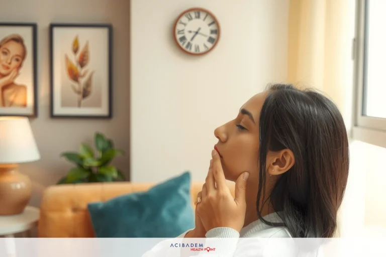 The image features a woman in an indoor setting, possibly at home. She is sitting comfortably on a couch with her eyes closed and appears to be applying skincare products or massaging her face. The room has a warm and cozy atmosphere with soft lighting that highlights the subject.