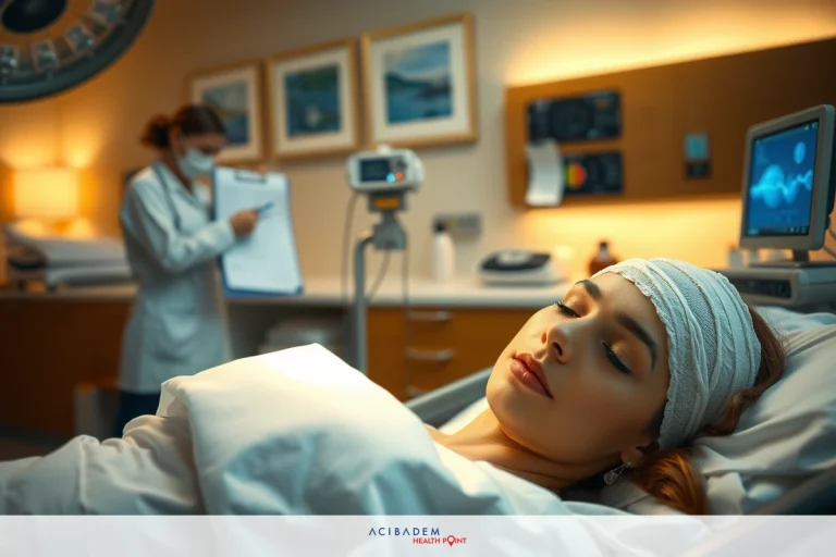 The image shows a woman lying in a hospital bed with her head covered by bandages. There are medical professionals, possibly doctors or nurses, attending to her.