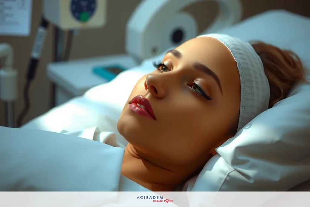 The image depicts a woman lying in a hospital bed, possibly post-surgery or resting during treatment. Her face is made up, and her eyes are closed. The environment suggests a medical setting with various monitors and equipment around the bed, indicating a clinical and serious atmosphere.