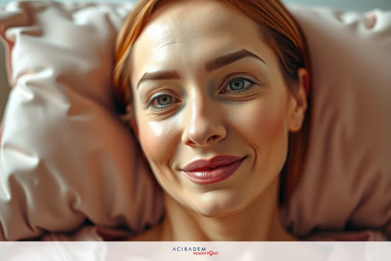 This is a portrait of a woman lying on her stomach, smiling gently with her eyes closed. She has short brown hair and appears to be in a comfortable environment that suggests relaxation or well-being.