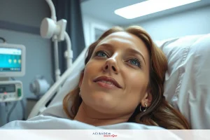 The image shows a woman in a hospital bed with medical equipment. She appears to be calm and at ease, possibly during a routine check-up or recovery period.