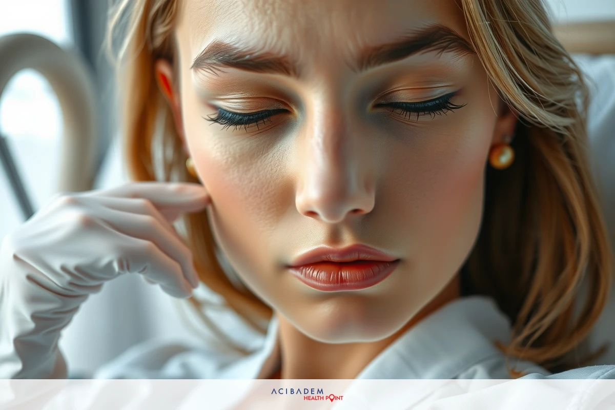 This image features a young woman lying down in a medical setting. She is wearing surgical attire, including gloves and a white lab coat. Her eyes are closed, and she appears to be relaxed or possibly asleep. The environment suggests a clinical or hospital context with white walls and lighting that is typical for a medical facility.