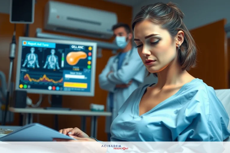In a medical setting, a woman in blue scrubs is seated on a hospital bed, looking down at her tablet with a concerned expression. Behind her, one male doctor watch the electronic patient monitor. The environment suggests a modern healthcare facility with advanced technology.
