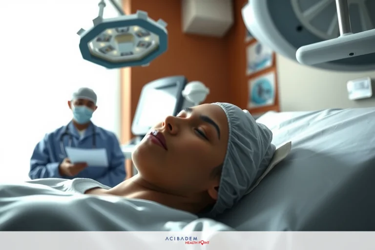 Image depicts medical scene in a hospital, with a patient lying on a bed and a nurse attending to her. The environment is sterile and equipped for medical care, suggesting a focus on healthcare and patient recovery.
