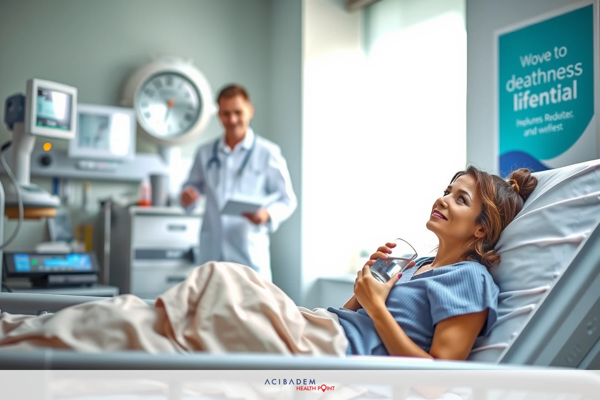 In a hospital setting, a woman in a patient gown is on a bed with monitors. A doctor in a white coat stands to the left of her, holding papers and attentively observing. The room has medical equipment and a visible window. There's a positive and professional atmosphere.