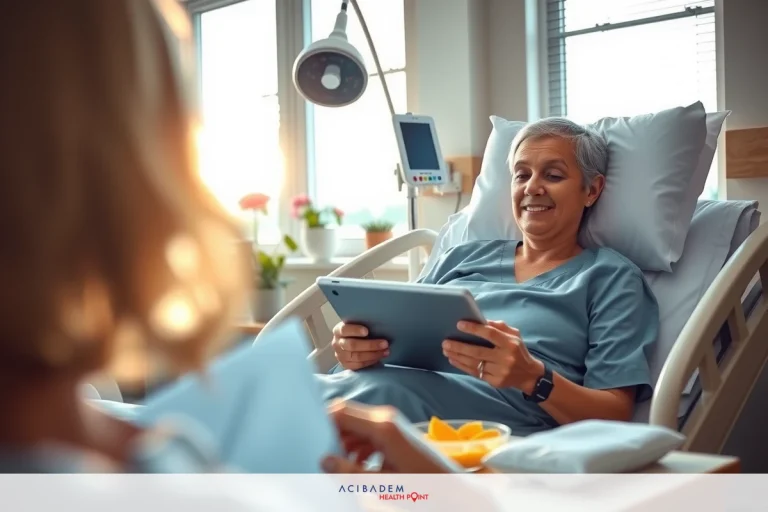 The image depicts a professional medical setting. A men, who appears to be in her fifties or sixties, is lying on a hospital bed with her legs crossed and wearing a patient gown. She is holding an iPad or tablet computer in her hands, possibly using it for entertainment or medical purposes. There's a nurse standing beside the bed, dressed in a white uniform. The room has a modern and clinical ambiance, with natural light coming in through the window, indicating it might be daytime. The color scheme is predominantly neutral with shades of gray and white.