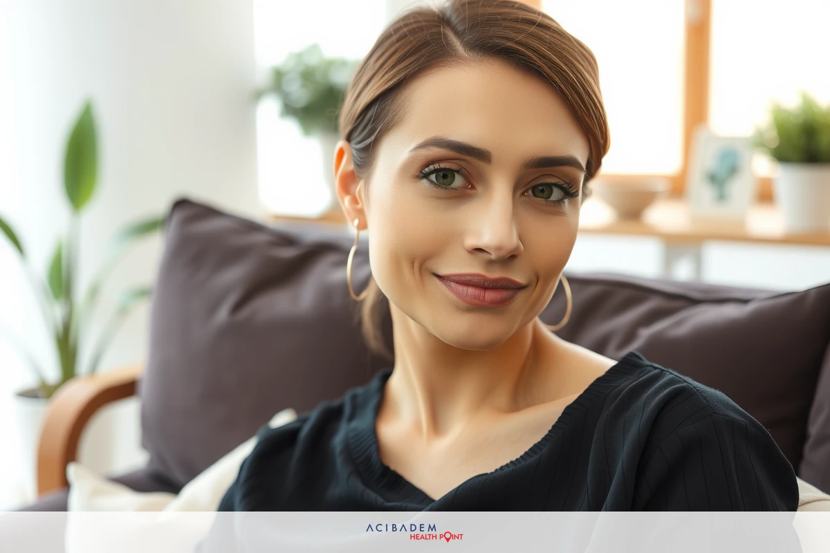 A woman is sitting on a couch, smiling and looking directly at the camera. Her outfit includes a black top and she has earrings. The room appears to be indoors with a neutral color palette.