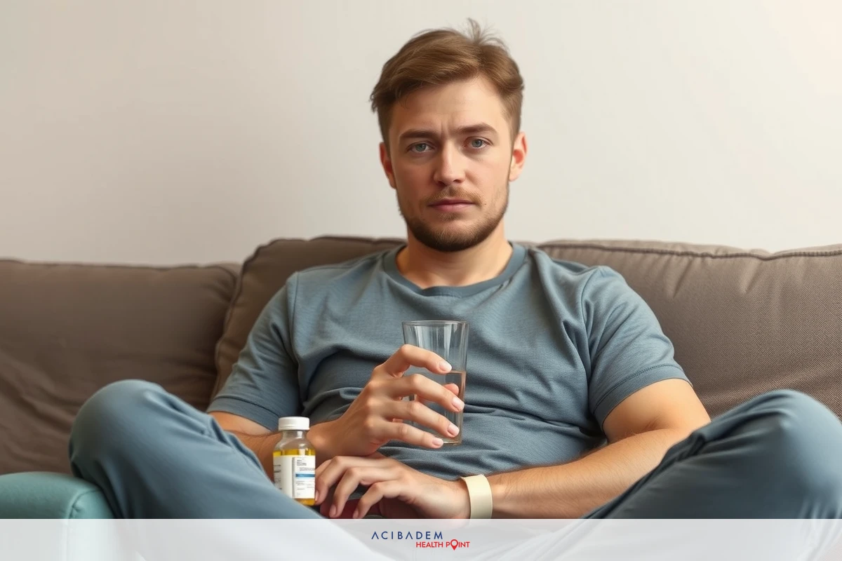 A young man sitting on a couch, drinking from a glass and holding a bottle of juice. He is wearing casual clothing and appears relaxed.