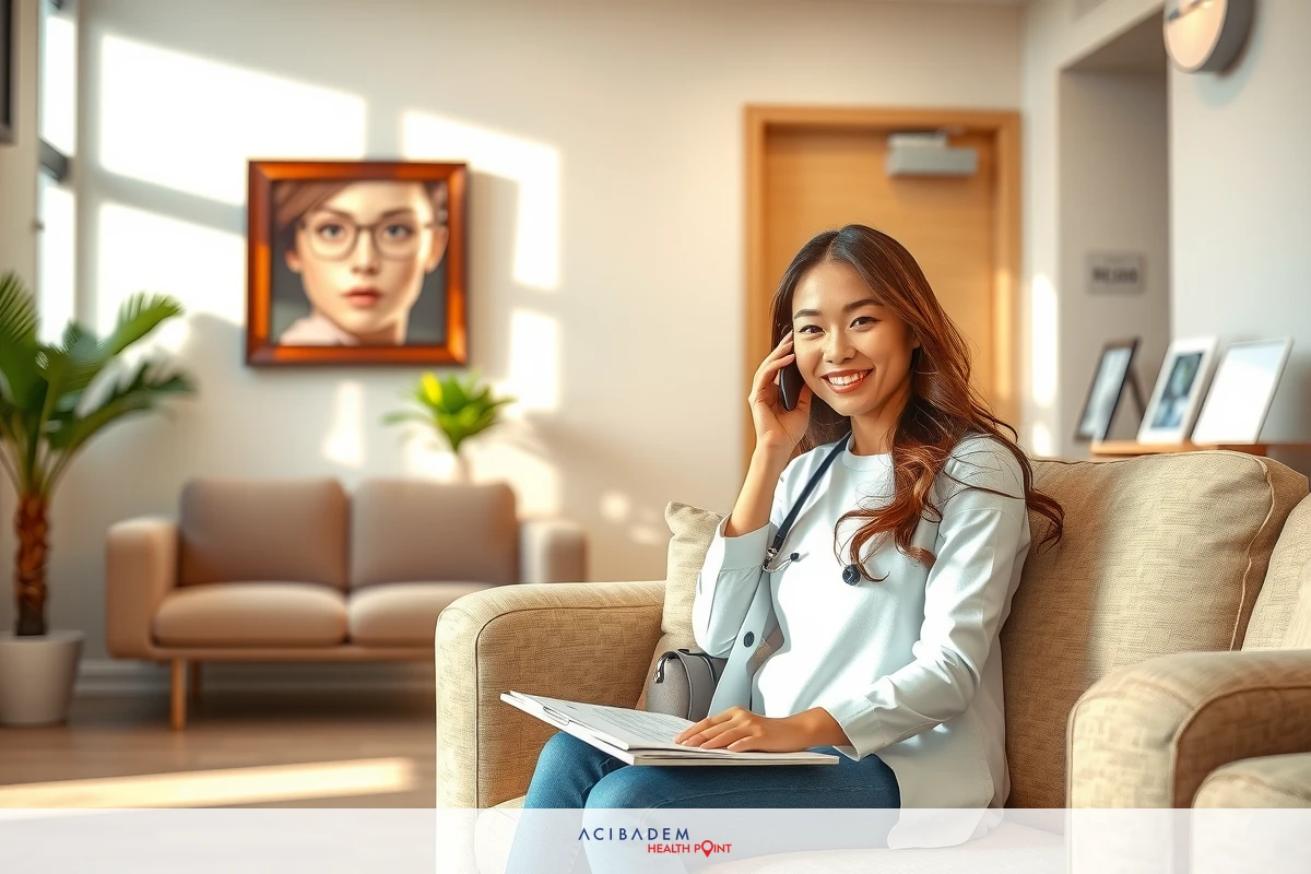 The image shows a woman sitting on a couch in an office environment. She is smiling and holding a pen, suggesting she might be working or having a meeting. The room has modern decor with a painting on the wall, plants, and comfortable seating. It's a brightly lit space with natural light, indicating it could be daytime.
