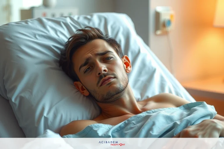The image depicts a young man lying in a hospital bed. He is wearing an expression of concern or worry, with his eyes looking off to the side. His body language suggests discomfort or pain. The environment around him includes a beige blanket and pillows, indicating a clinical setting typical of medical facilities.