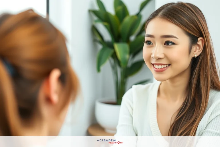 What is Non Surgical Rhinoplasty? The image depicts a professional environment, likely an office setting. Two women are engaged in conversation at a desk with one seated and the other standing. The woman standing is smiling, suggesting a positive or friendly interaction. In the background, there's a potted plant adding to the indoor office ambiance.